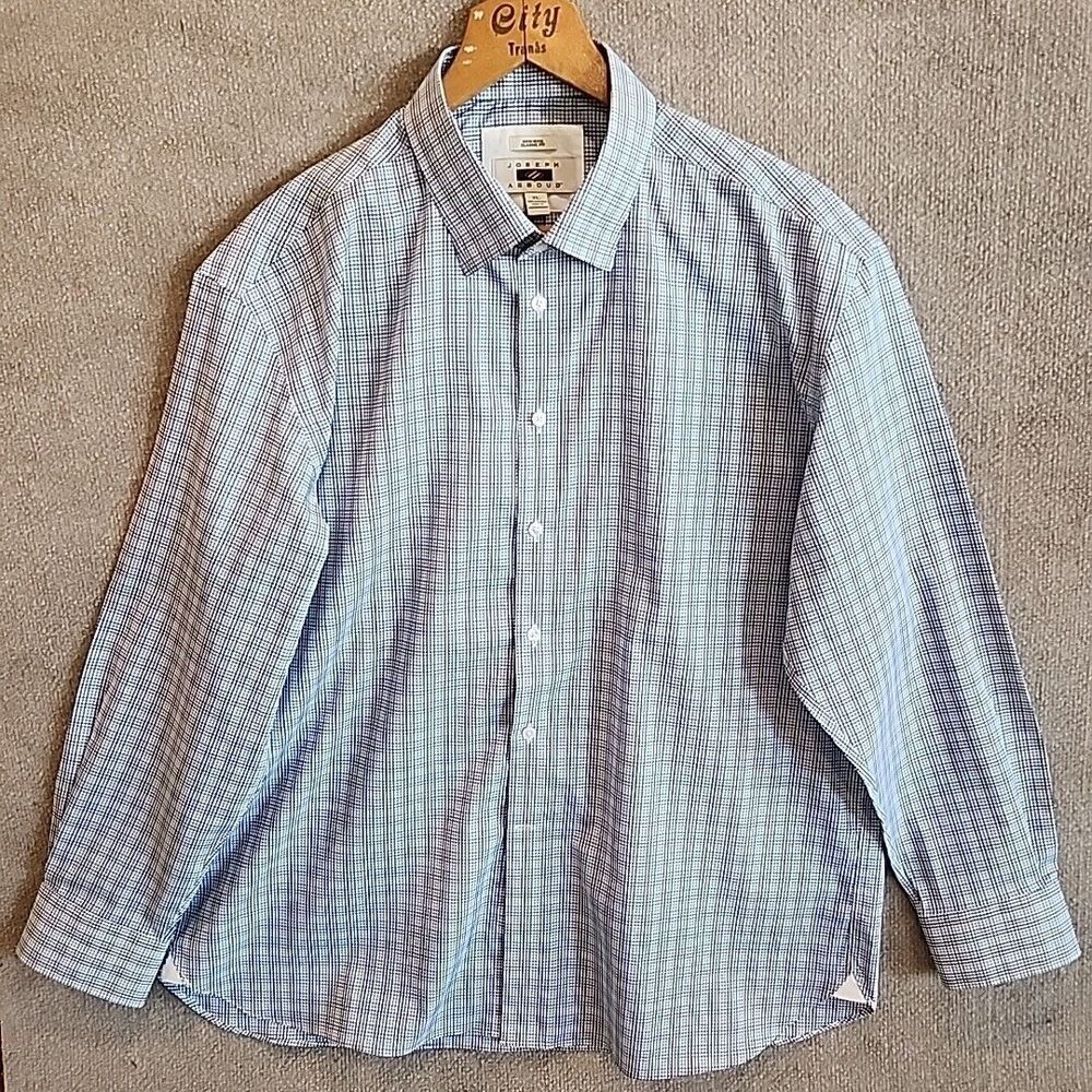 Joseph Abboud Dress Shirt XL Blue Black Plaid‎ Non Iron Classic Fit Button Up
